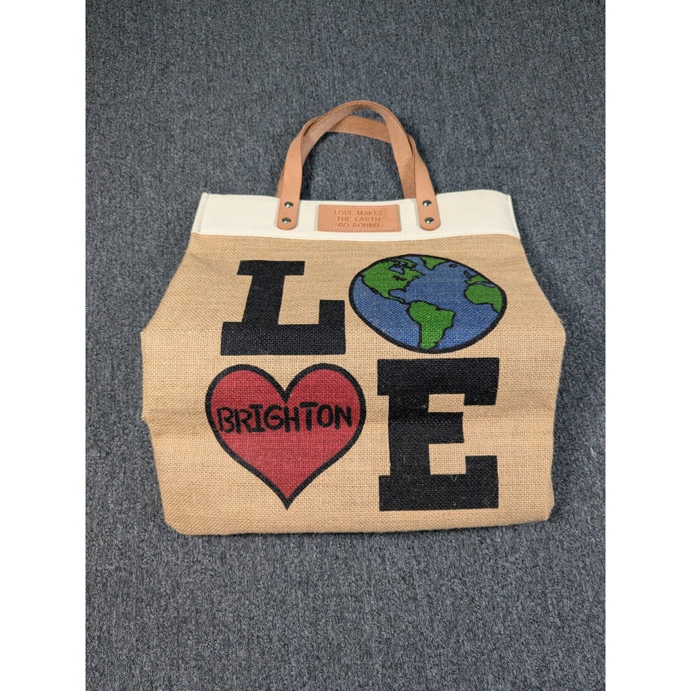 Brighton Love Makes The Earth Go Round Jute Tote Bag Tan Leather Handles